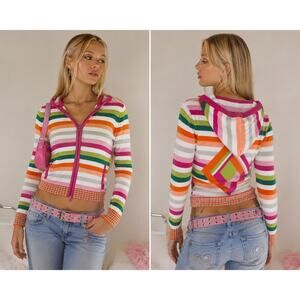 Tommy Hilfiger Y2K Striped Hoodie Zip Up Sweater Pink Green Orange XS Retro 2000